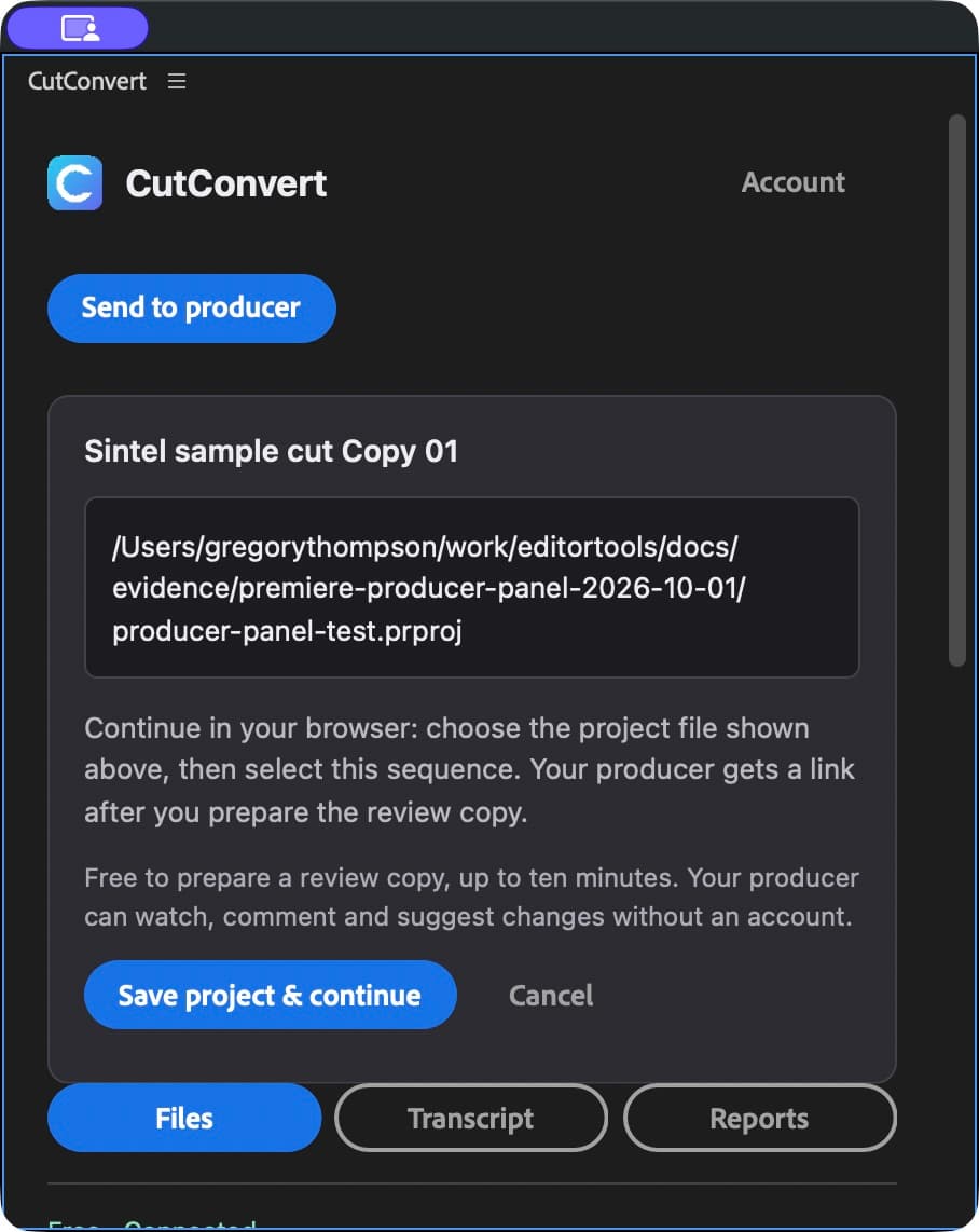 CutConvert in Premiere shows the active Sintel sequence, saved project path, and Save project & continue button.