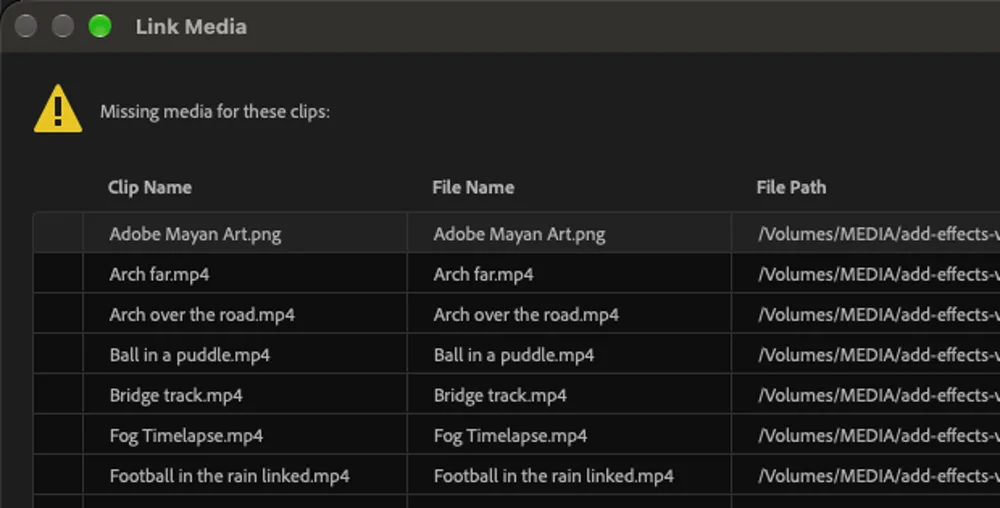 Premiere's Link Media dialog listing clips whose media is not at the path stored in the XML